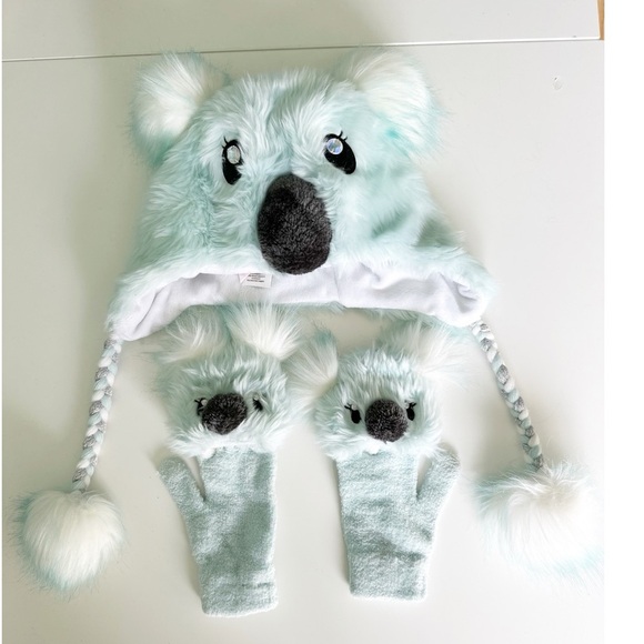Koala Kids Furry Hat and Mittens Set - Light Blue Fingerless Gloves Justice - Picture 1 of 6